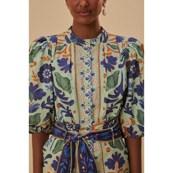 Farm Rio Green Ocean Tapestry Belted Romper, Medium, 100% Cotton New $200 - Picture 3 of 7